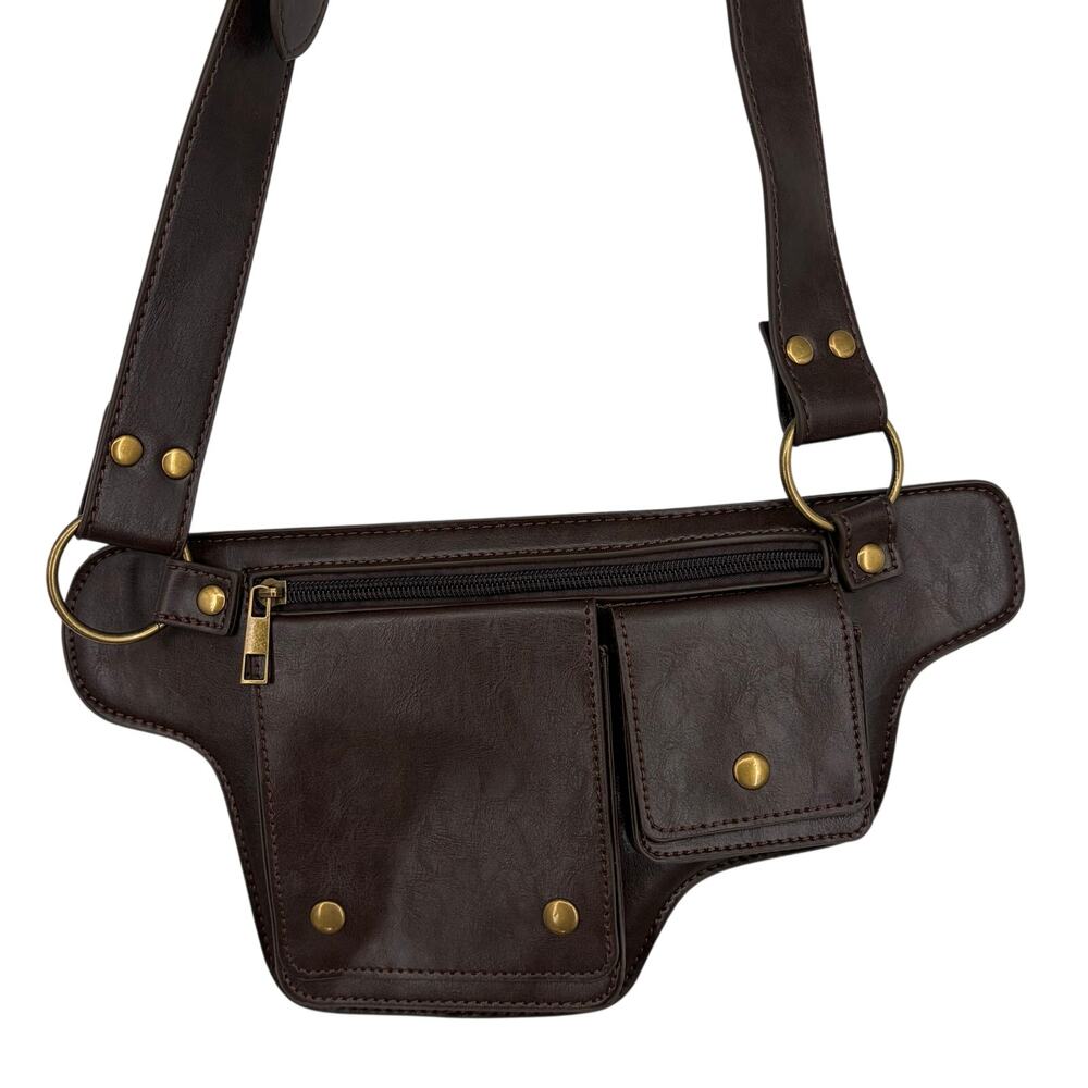 Brown Leather Utility Punk Waist Crossbody Bag